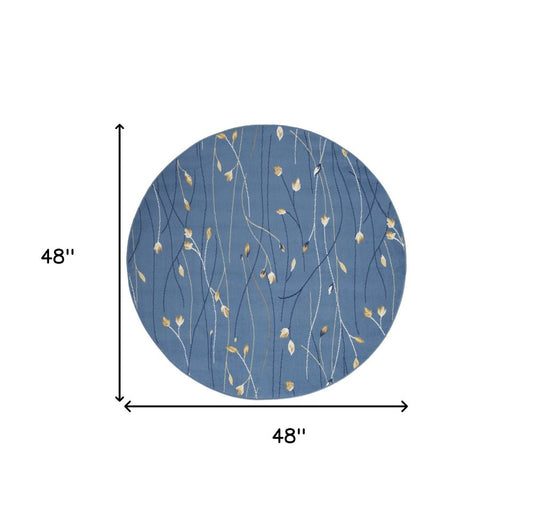 4' Blue And Beige Floral Vines Round Rug