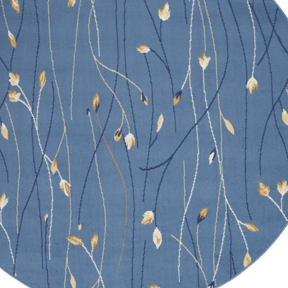 5' Blue and Beige Round Floral Vines Power Loom Area Rug