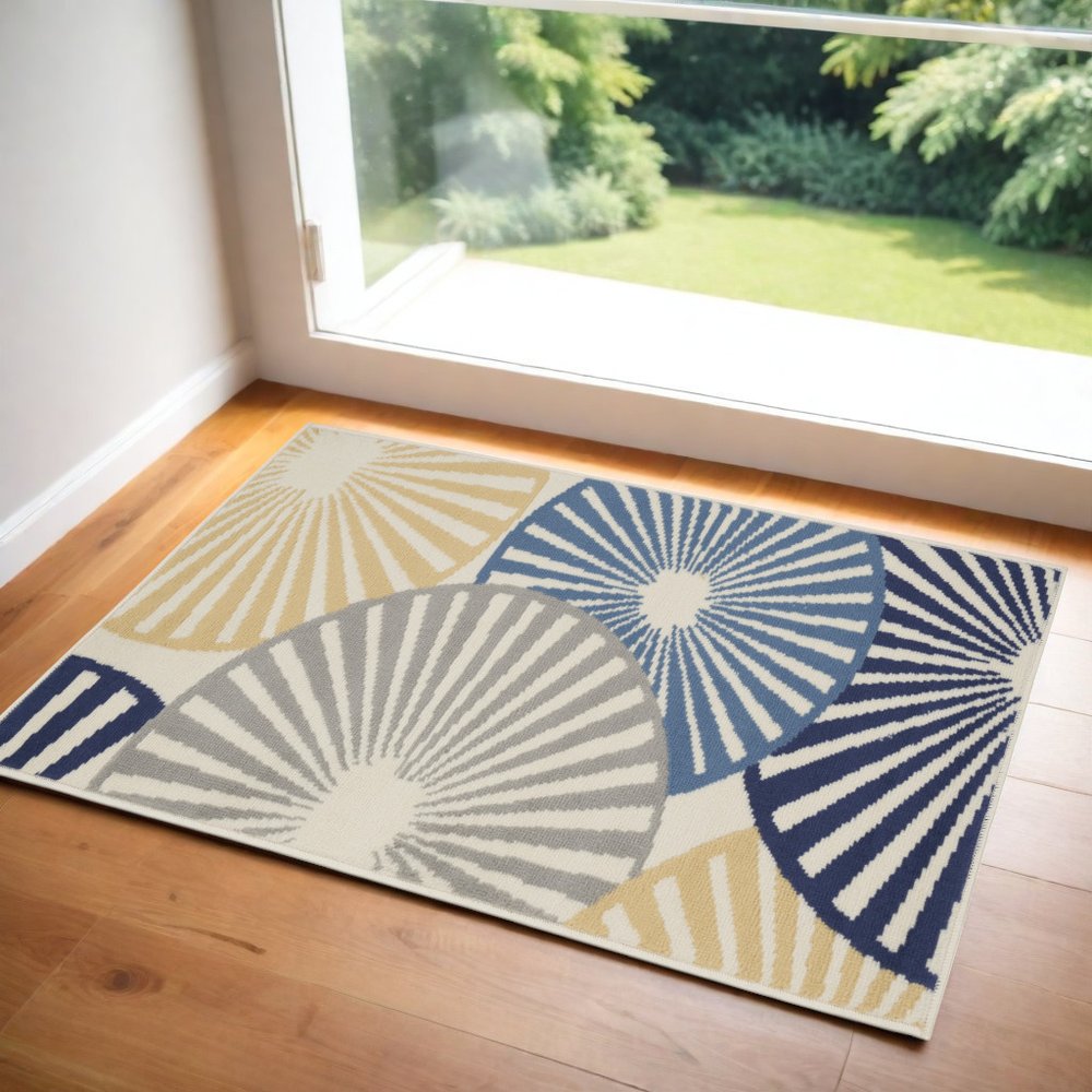 3' X 5' Blue and Beige Geometric Power Loom Area Rug