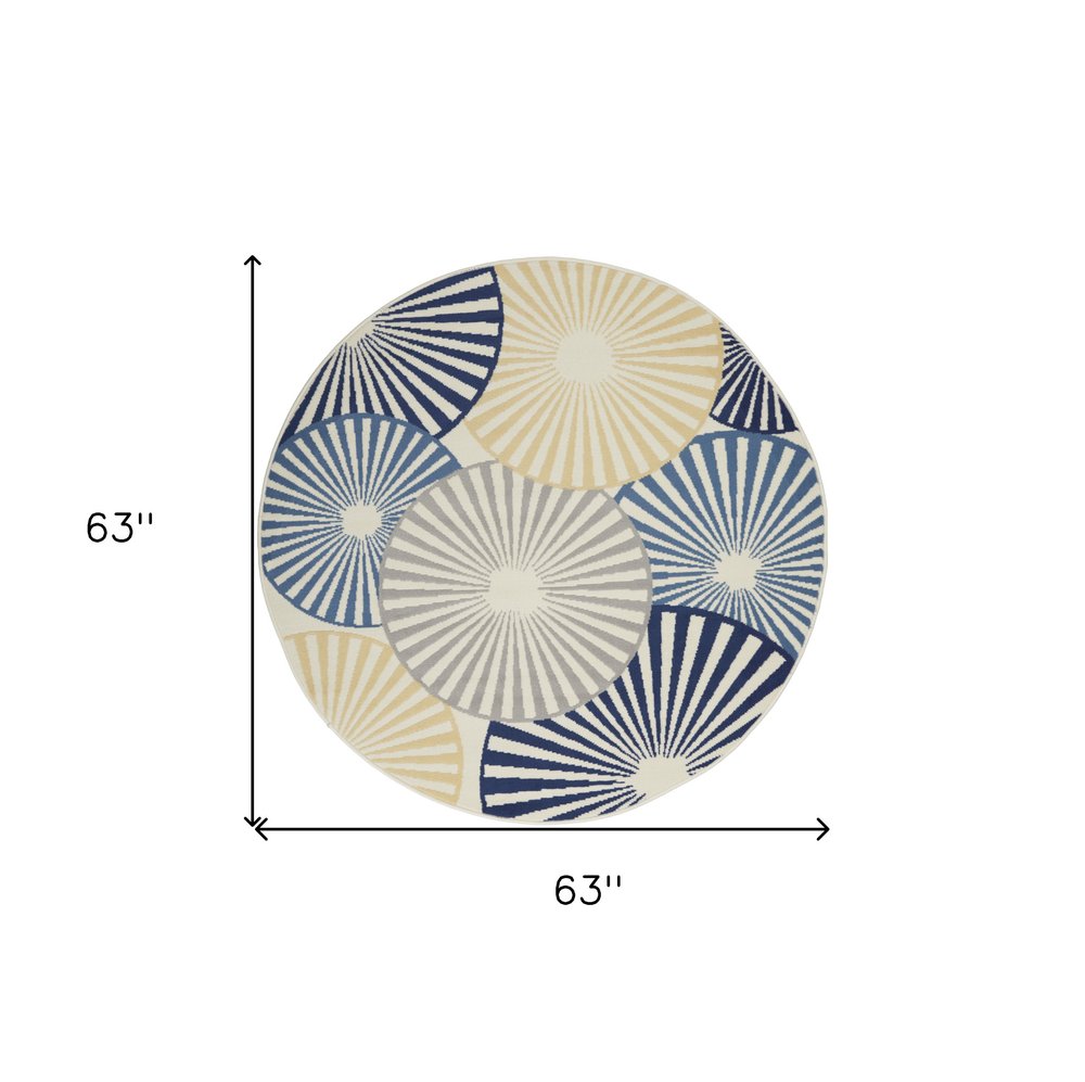 5' Blue and Beige Round Geometric Power Loom Area Rug