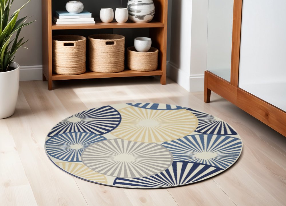 5' Blue and Beige Round Geometric Power Loom Area Rug
