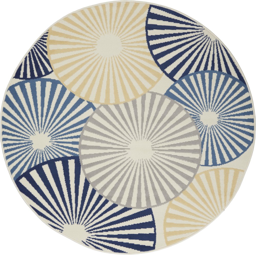 5' Blue and Beige Round Geometric Power Loom Area Rug