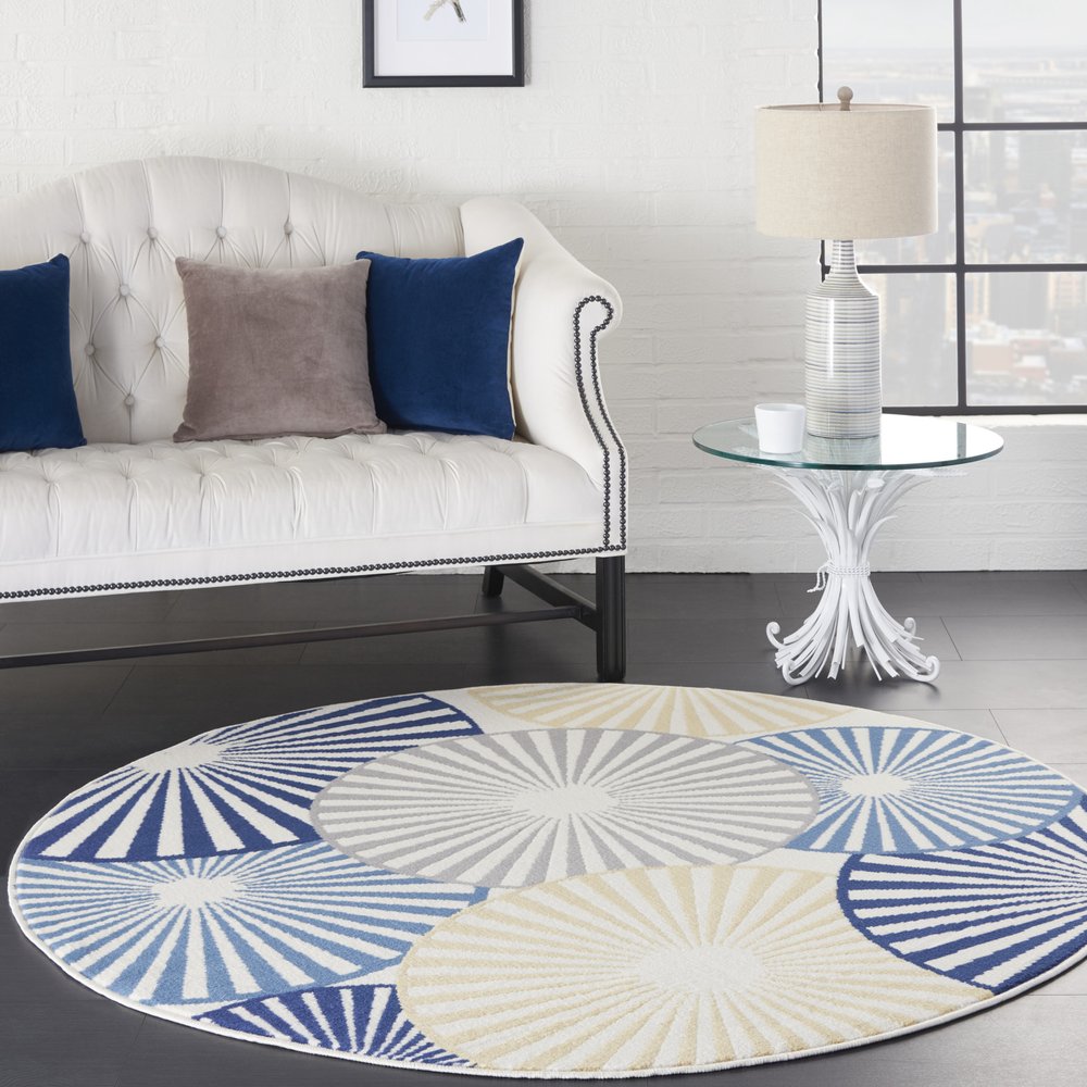 5' Blue and Beige Round Geometric Power Loom Area Rug