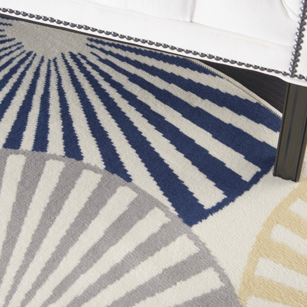 5' Blue and Beige Round Geometric Power Loom Area Rug