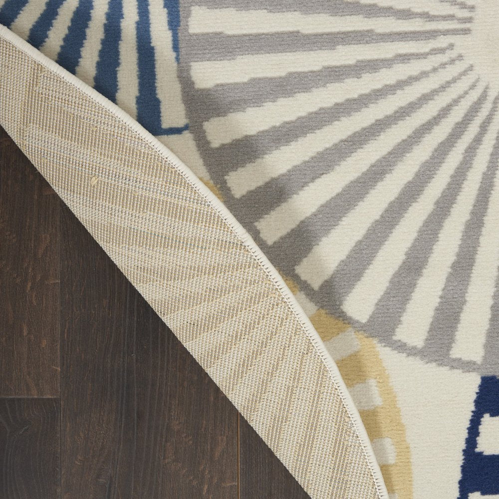 5' Blue and Beige Round Geometric Power Loom Area Rug