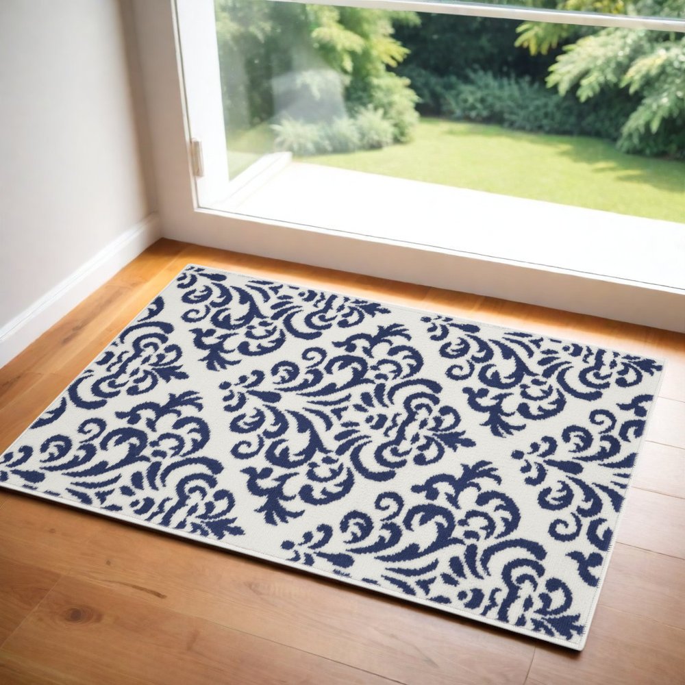 2' X 4' Blue And White Damask Area Rug