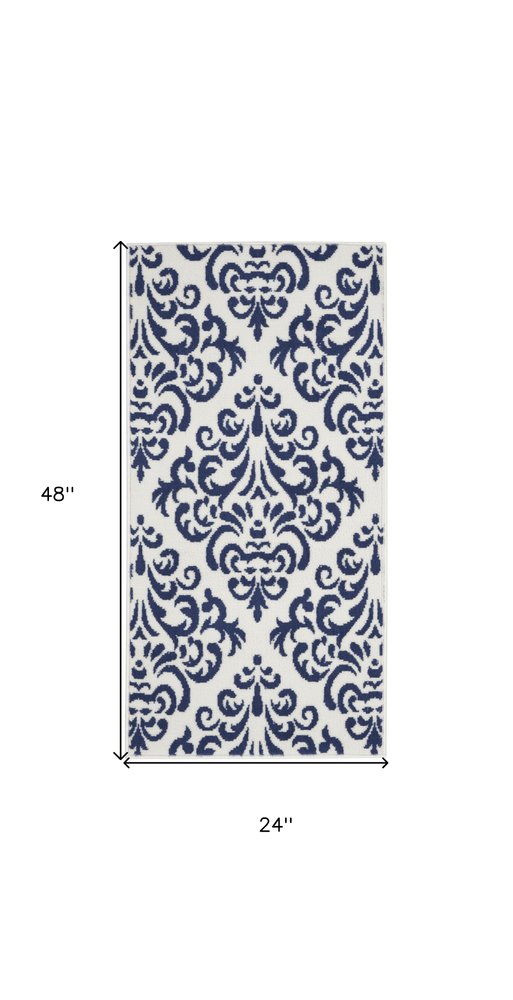 2' X 4' Blue And White Damask Area Rug