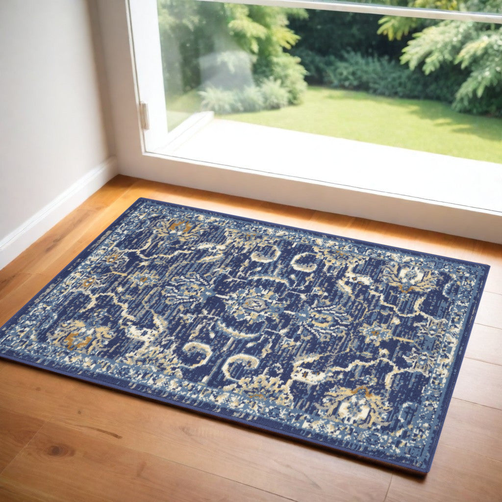 2' X 4' Blue And Gold Oriental Area Rug