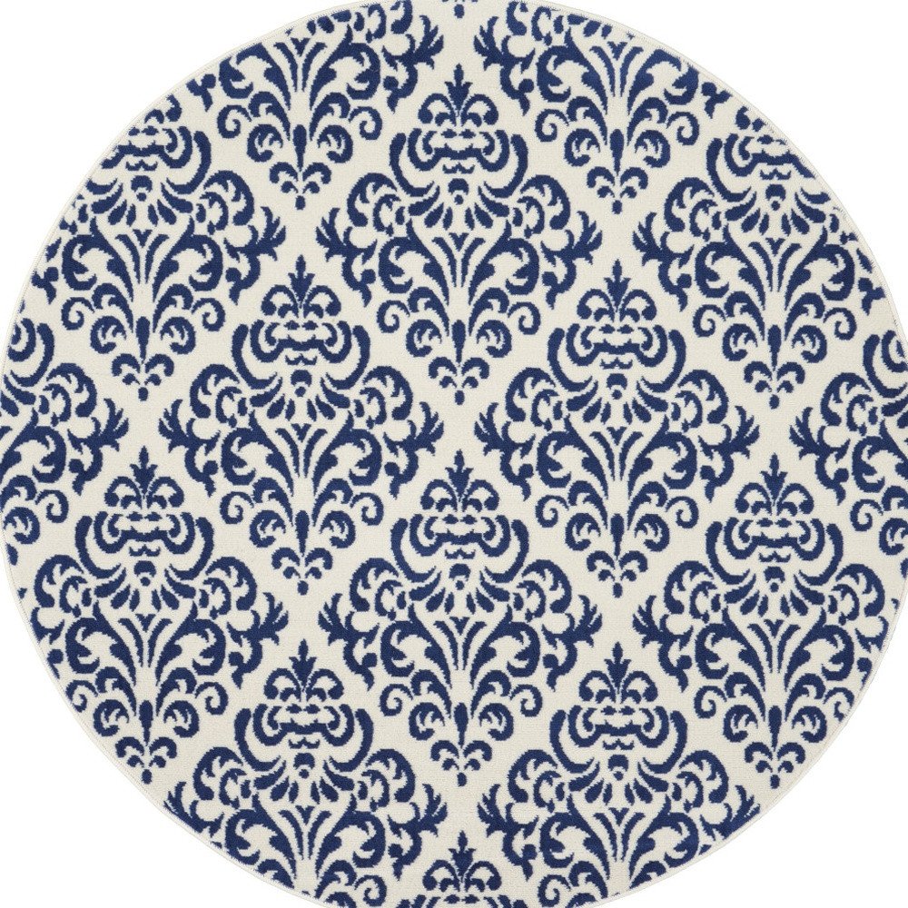 5' Blue and White Round Damask Power Loom Area Rug