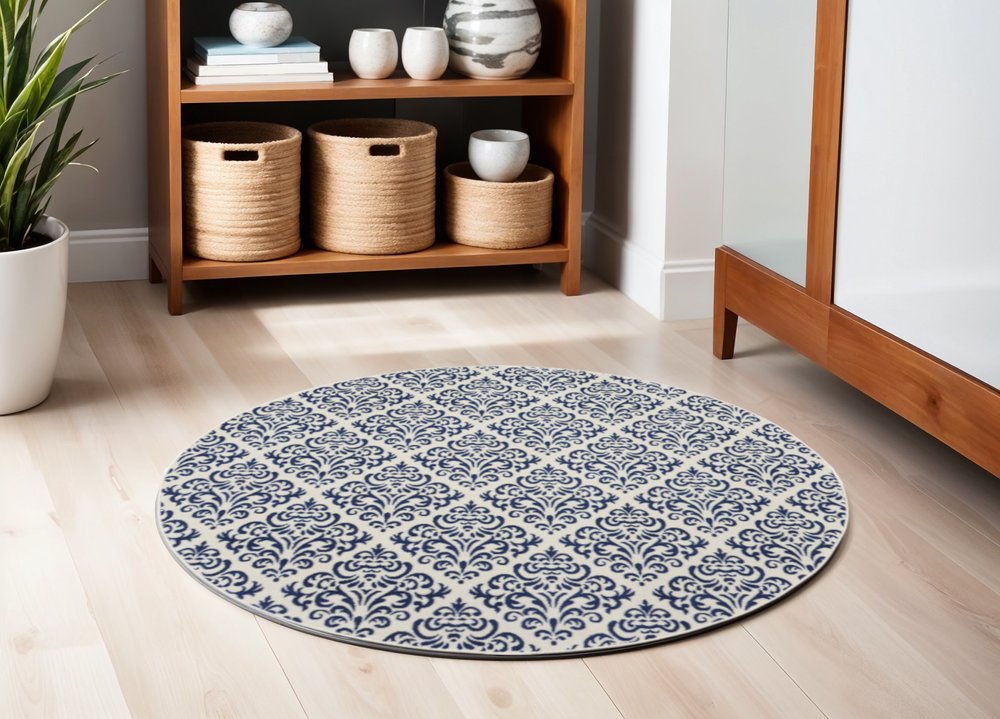 5' Blue and White Round Damask Power Loom Area Rug
