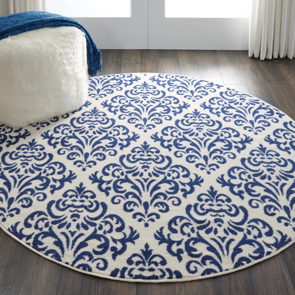5' Blue and White Round Damask Power Loom Area Rug