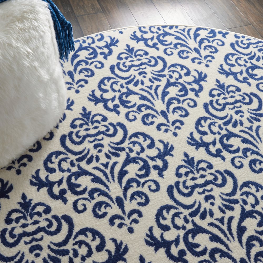 5' Blue and White Round Damask Power Loom Area Rug