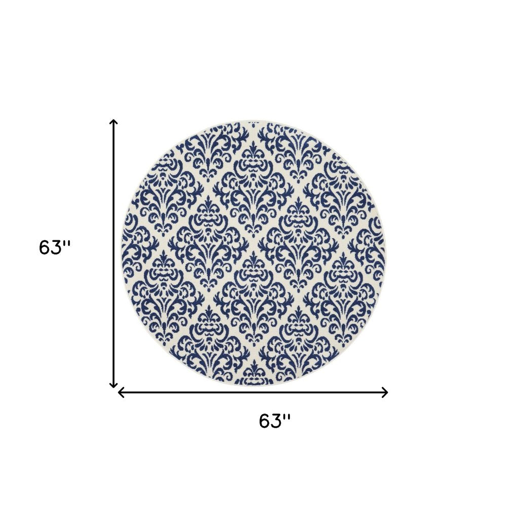 5' Blue and White Round Damask Power Loom Area Rug