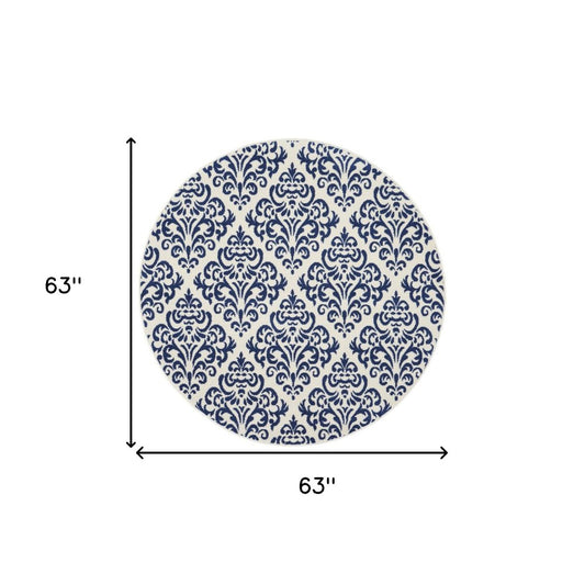 5' Blue and White Round Damask Power Loom Area Rug