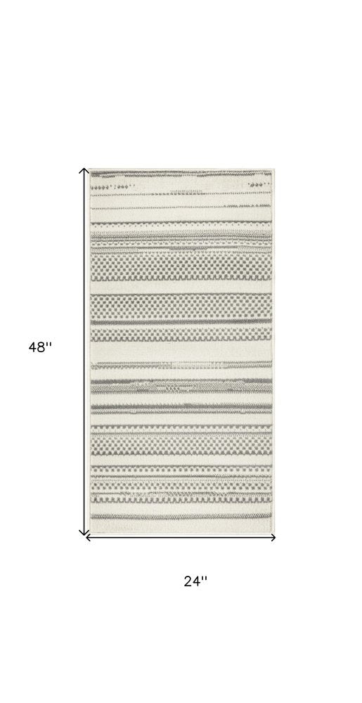 2' X 4' Gray and Ivory Striped Power Loom Distressed Area Rug