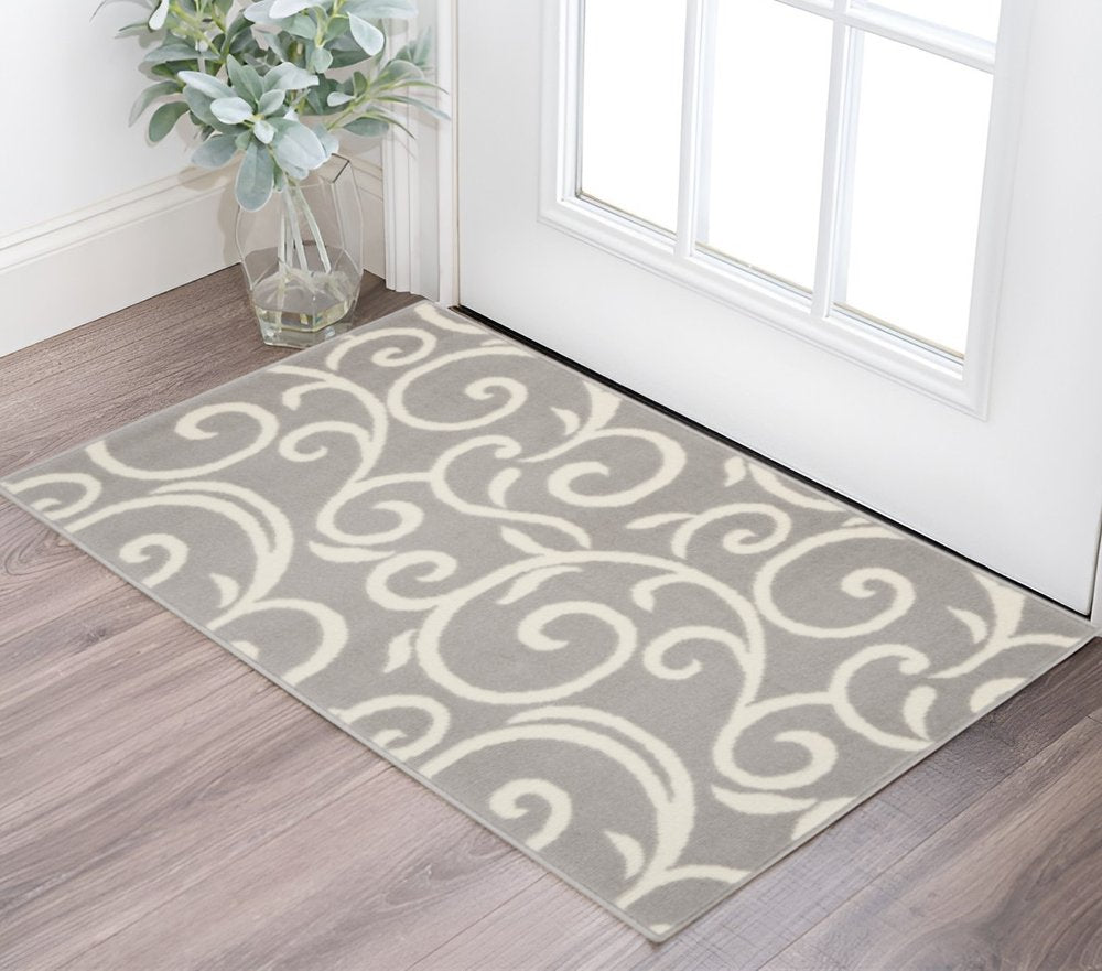 2' X 4' Gray and Ivory Floral Vines Power Loom Area Rug