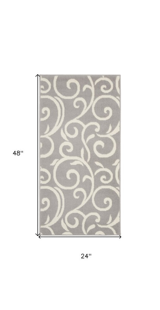 2' X 4' Gray and Ivory Floral Vines Power Loom Area Rug