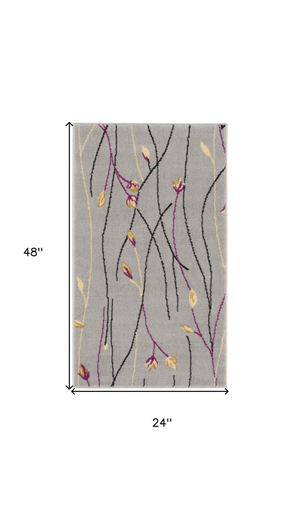 2' X 4' Gray and Pink Floral Power Loom Area Rug