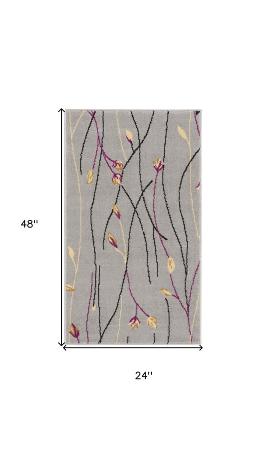 2' X 4' Gray and Pink Floral Power Loom Area Rug