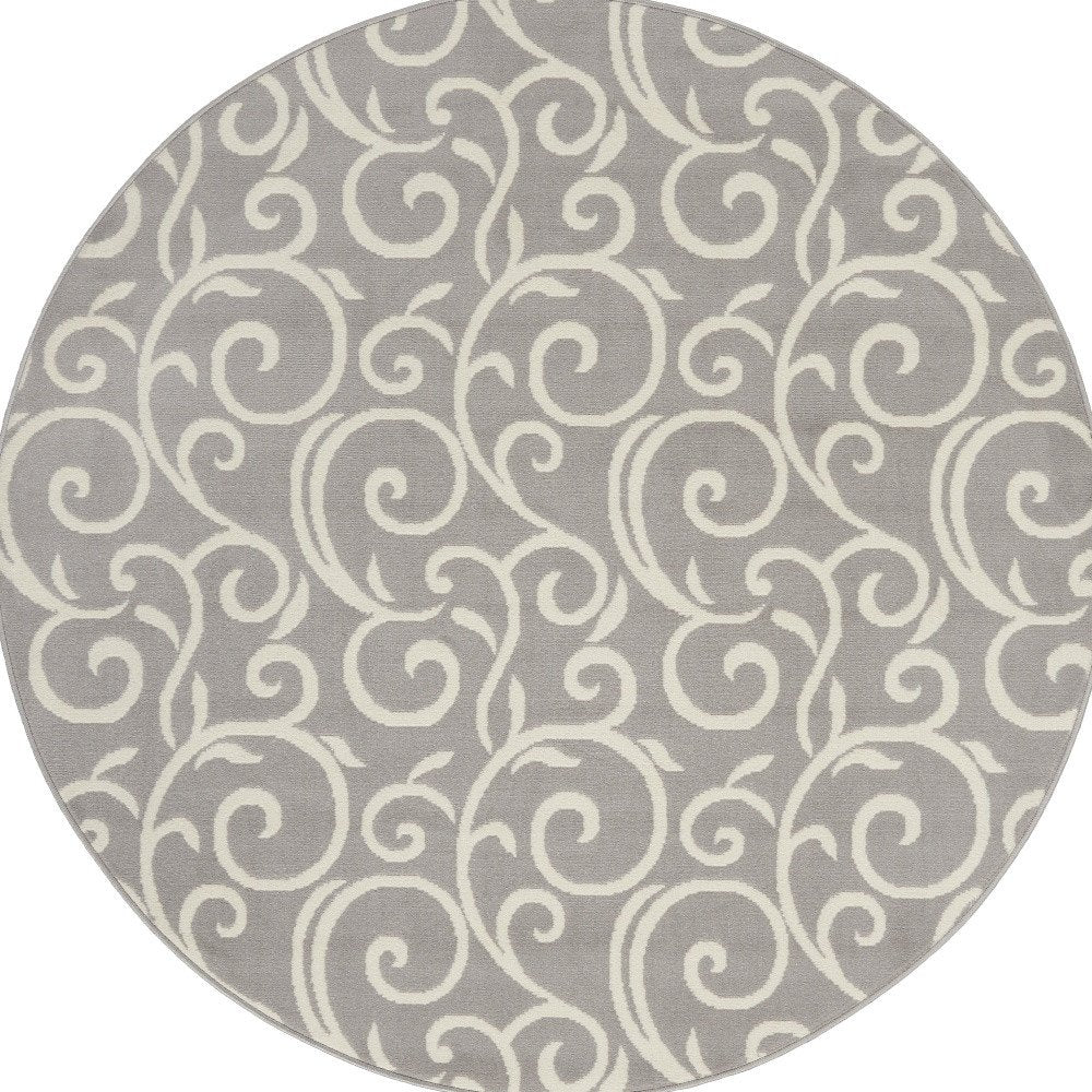 5' Gray and Ivory Round Floral Vines Power Loom Area Rug