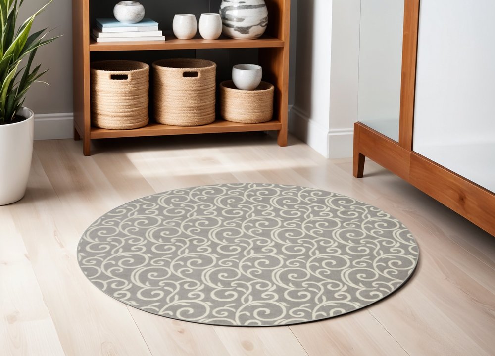 5' Gray and Ivory Round Floral Vines Power Loom Area Rug