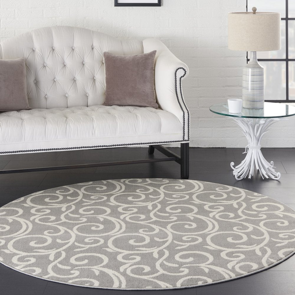 5' Gray and Ivory Round Floral Vines Power Loom Area Rug
