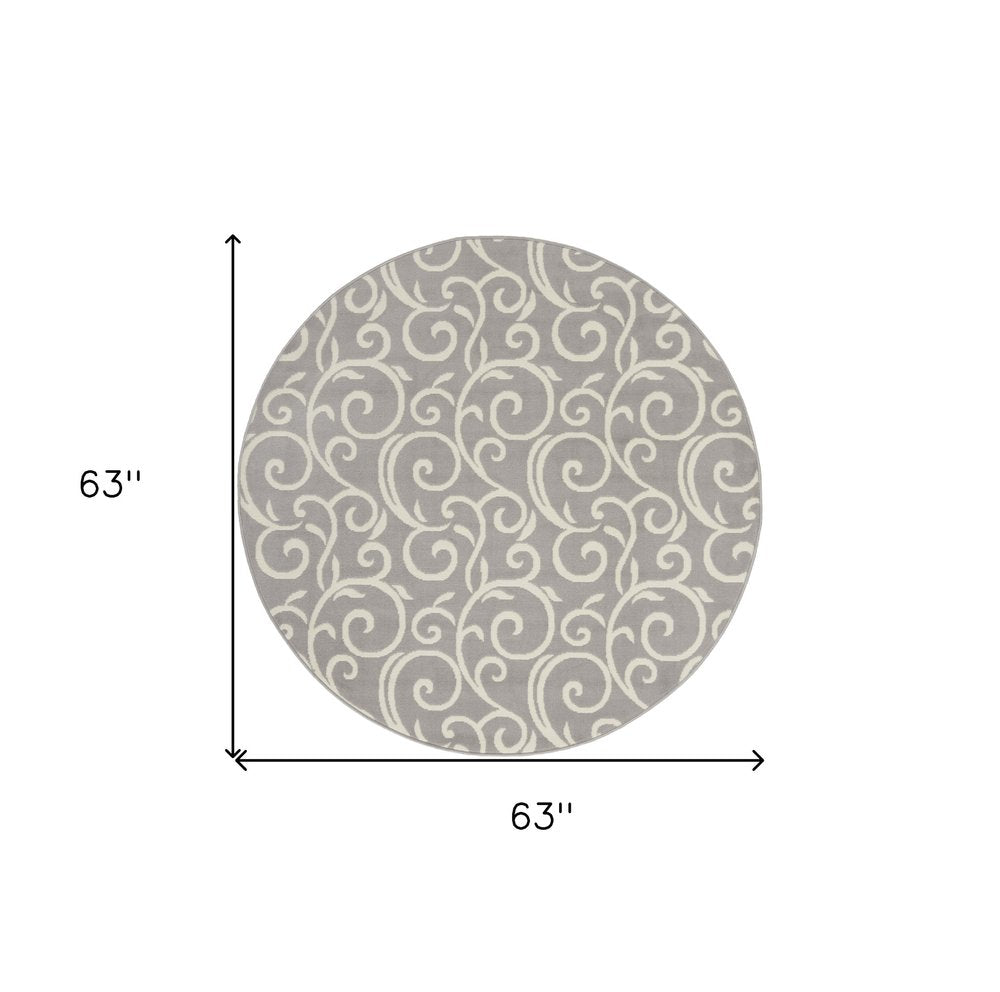 5' Gray and Ivory Round Floral Vines Power Loom Area Rug
