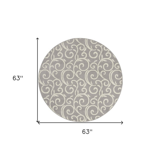 5' Gray and Ivory Round Floral Vines Power Loom Area Rug