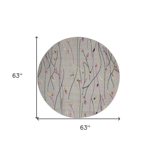 5' Gray and Pink Round Floral Vines Power Loom Area Rug