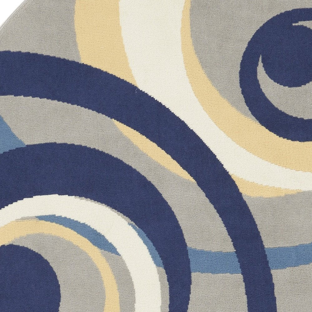 5' Gray and Blue Round Geometric Power Loom Area Rug