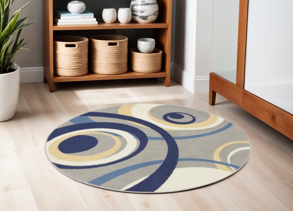 5' Gray and Blue Round Geometric Power Loom Area Rug