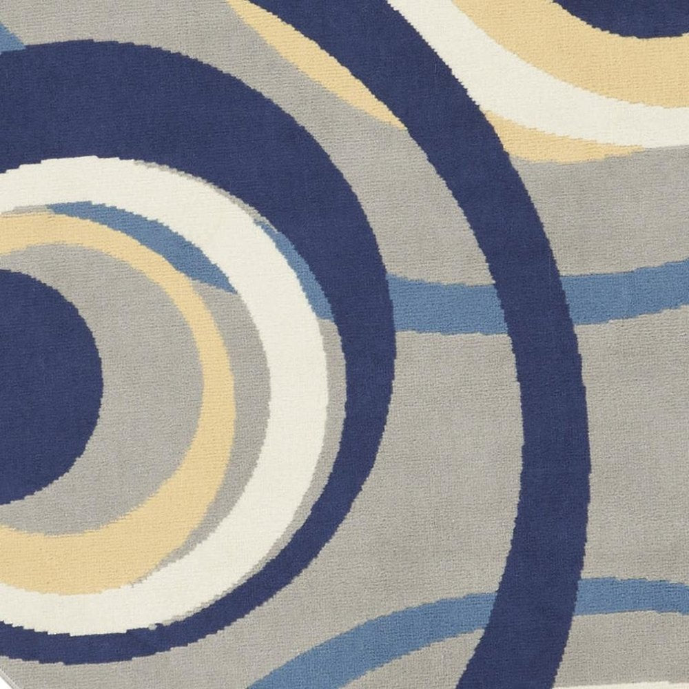 5' Gray and Blue Round Geometric Power Loom Area Rug