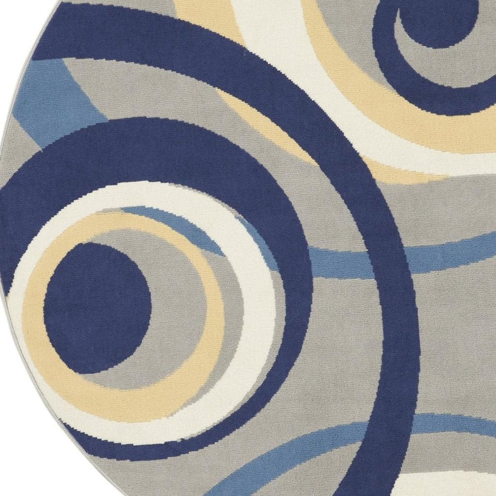 5' Gray and Blue Round Geometric Power Loom Area Rug