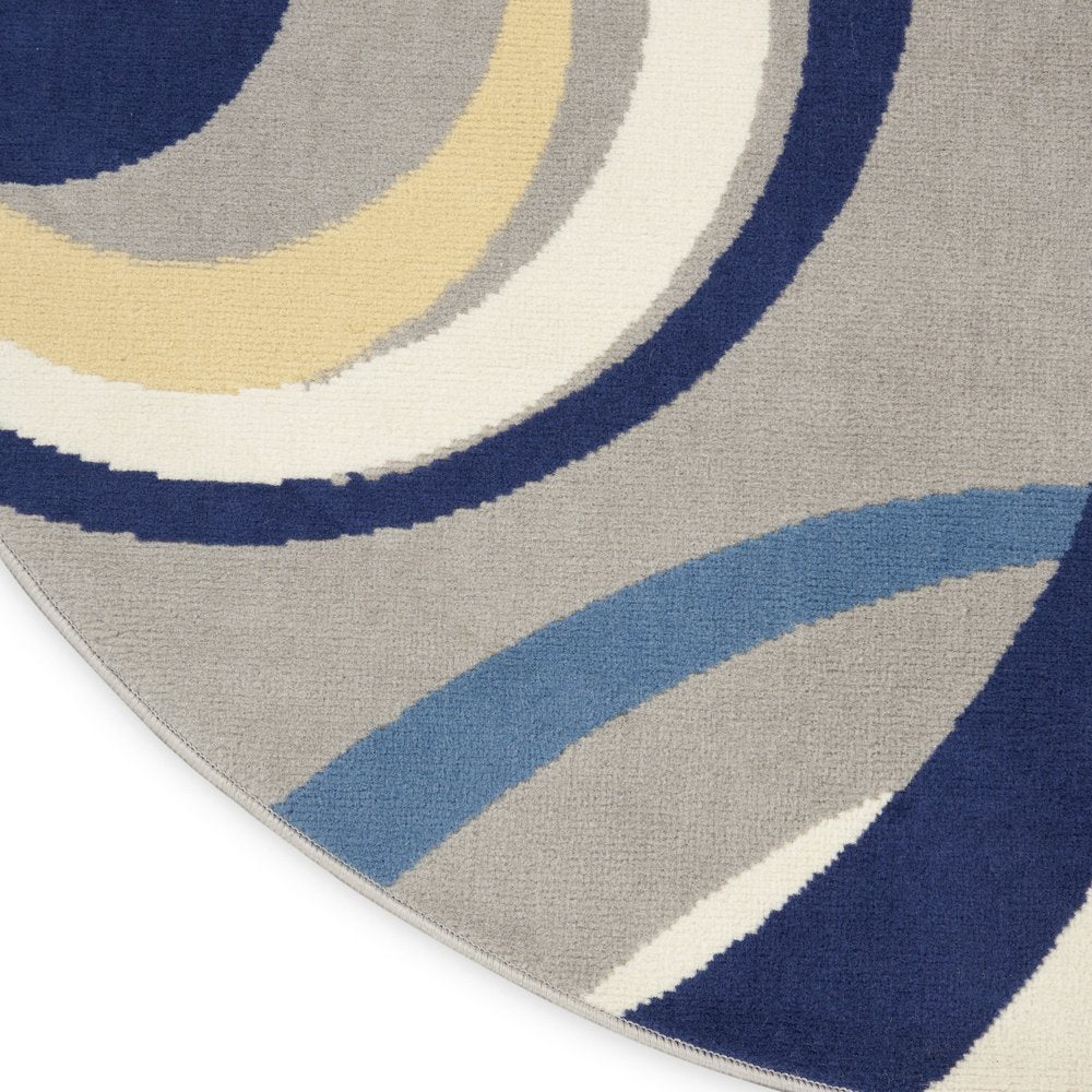 5' Gray and Blue Round Geometric Power Loom Area Rug