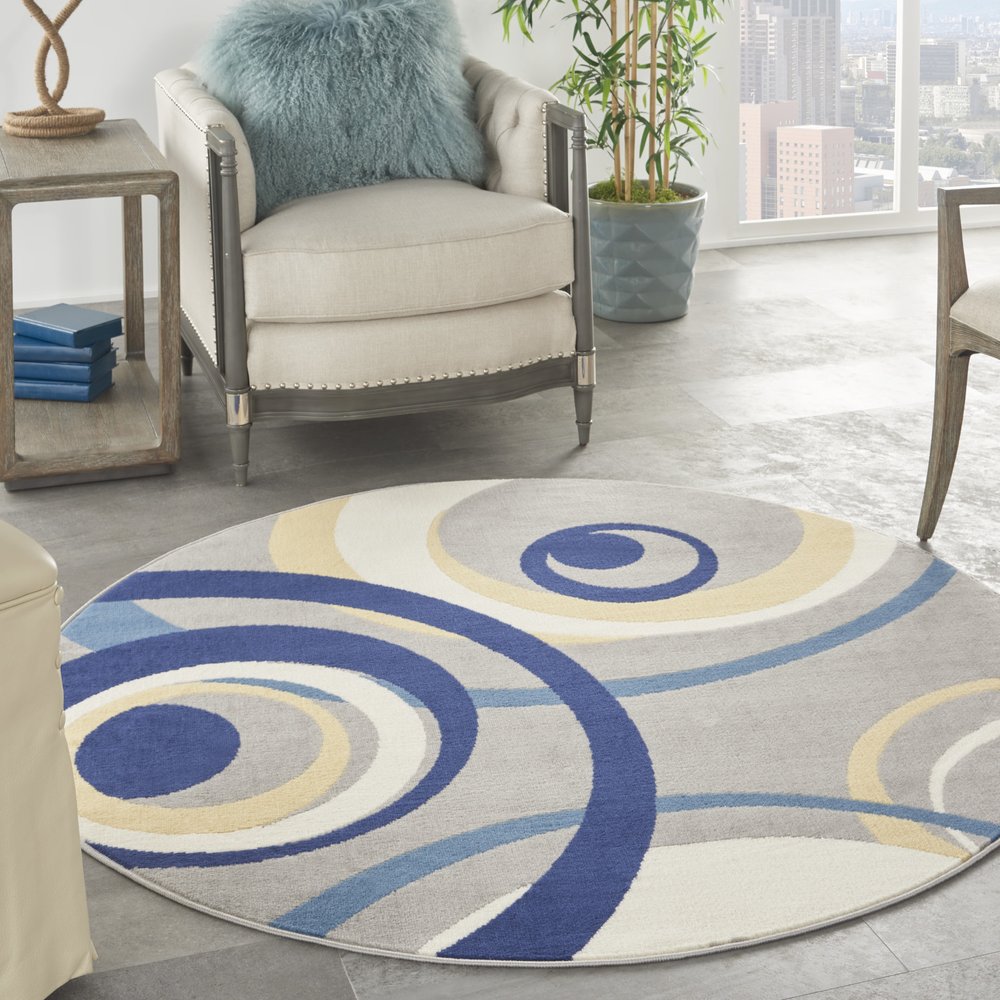 5' Gray and Blue Round Geometric Power Loom Area Rug