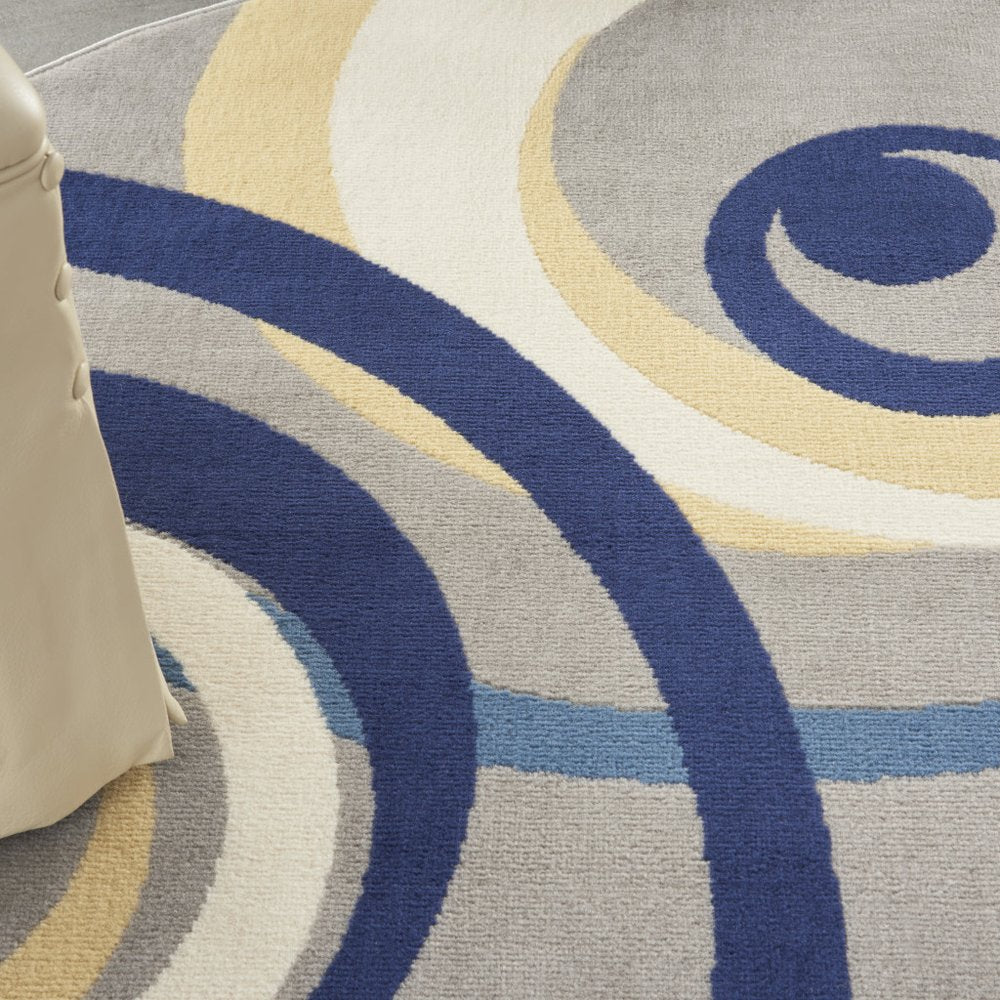 5' Gray and Blue Round Geometric Power Loom Area Rug
