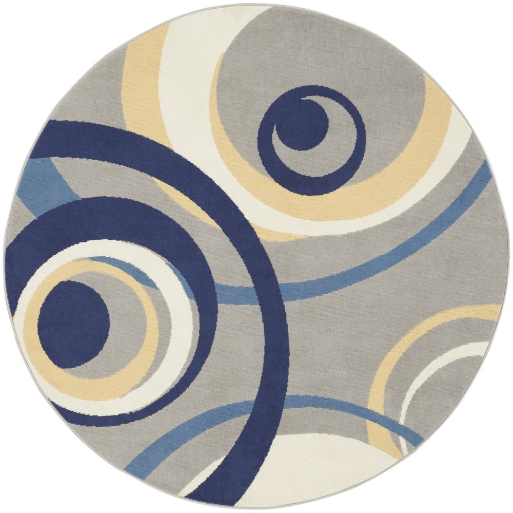 5' Gray and Blue Round Geometric Power Loom Area Rug