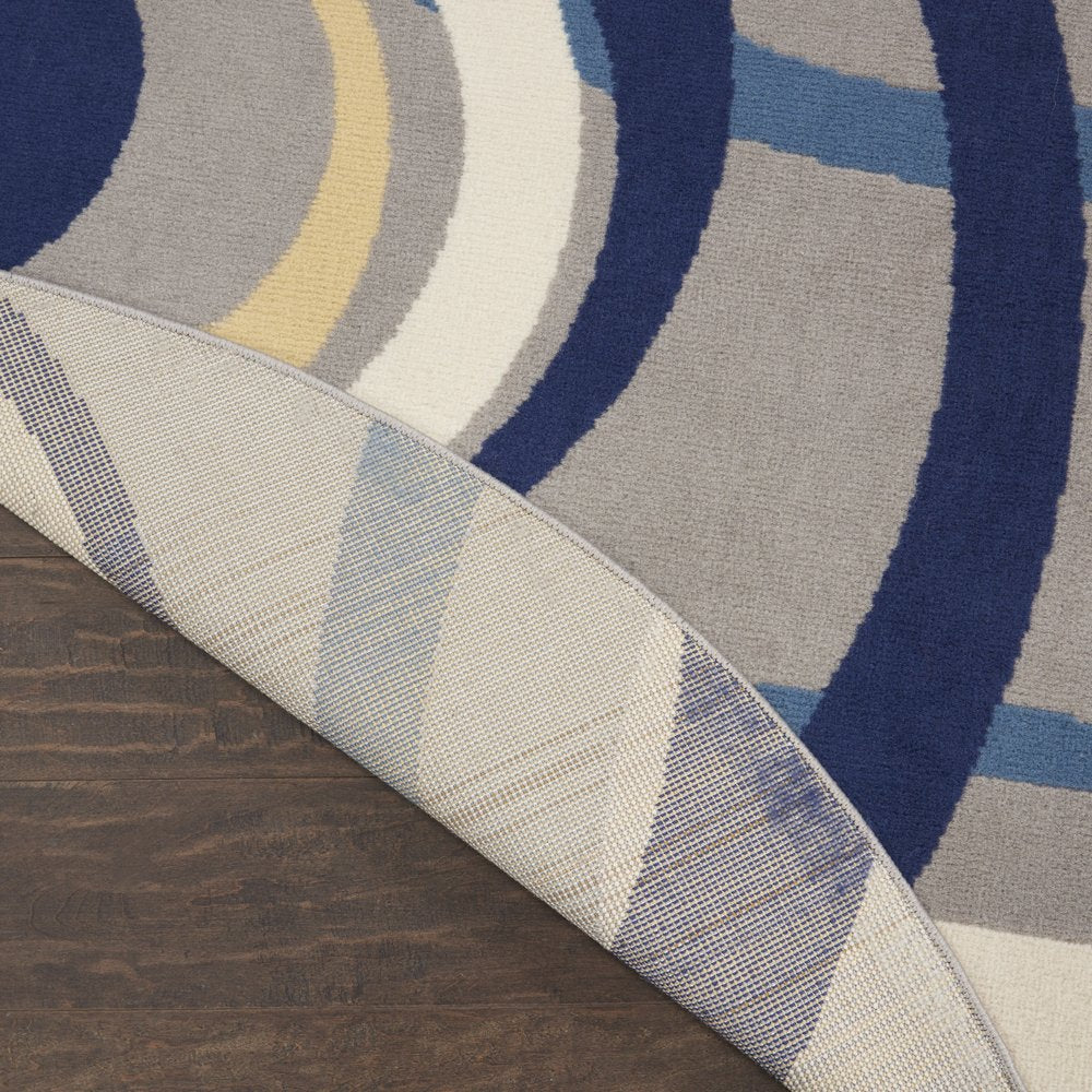 5' Gray and Blue Round Geometric Power Loom Area Rug