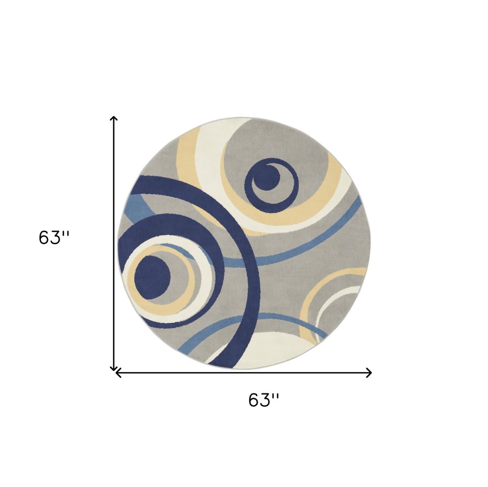 5' Gray and Blue Round Geometric Power Loom Area Rug