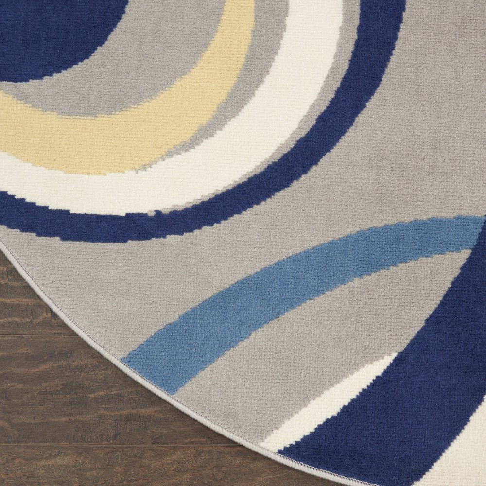 5' Gray and Blue Round Geometric Power Loom Area Rug