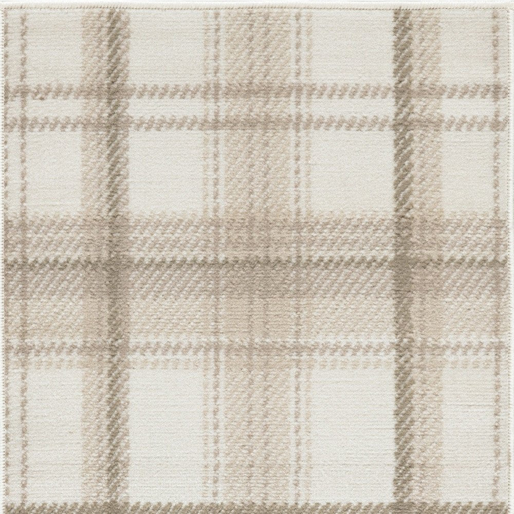 2' X 4' Beige and Ivory Plaid Power Loom Area Rug