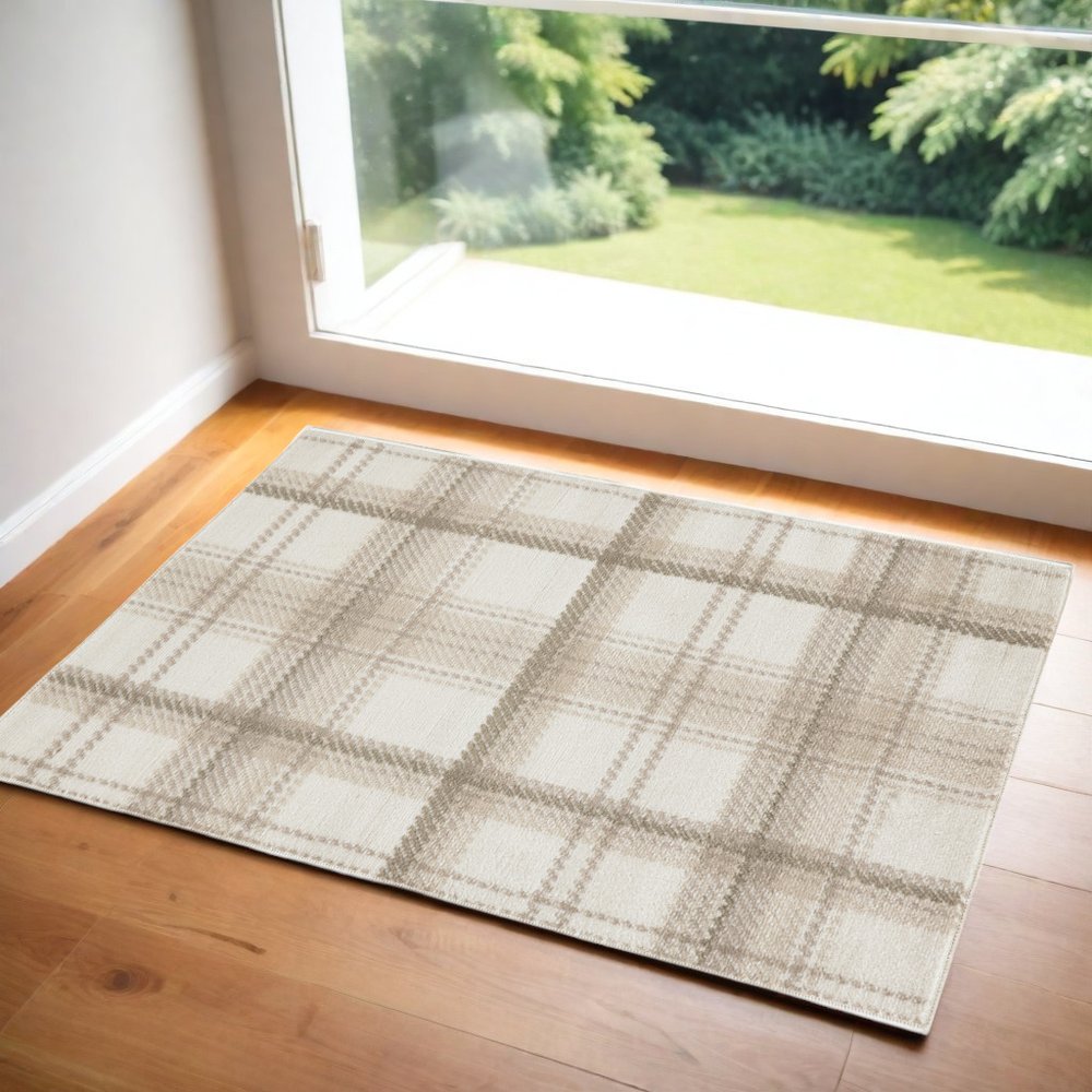 2' X 4' Beige and Ivory Plaid Power Loom Area Rug