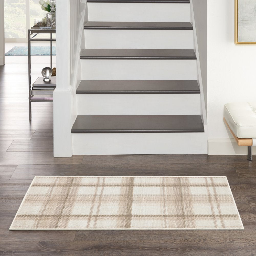 2' X 4' Beige and Ivory Plaid Power Loom Area Rug