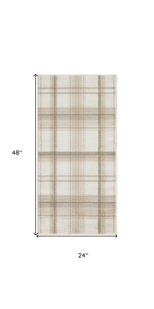 2' X 4' Beige and Ivory Plaid Power Loom Area Rug