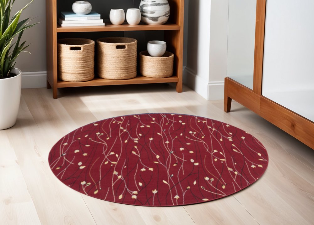 5' Red Black and Ivory Round Floral Vines Power Loom Area Rug
