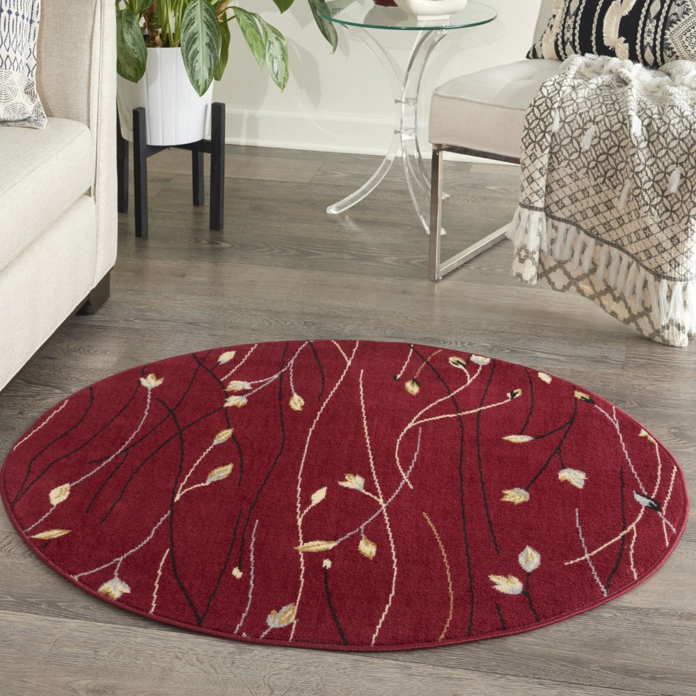 5' Red Black and Ivory Round Floral Vines Power Loom Area Rug