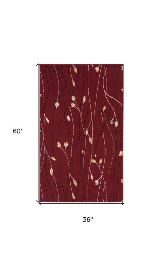 3' X 5' Red Black and Ivory Floral Vines Power Loom Area Rug