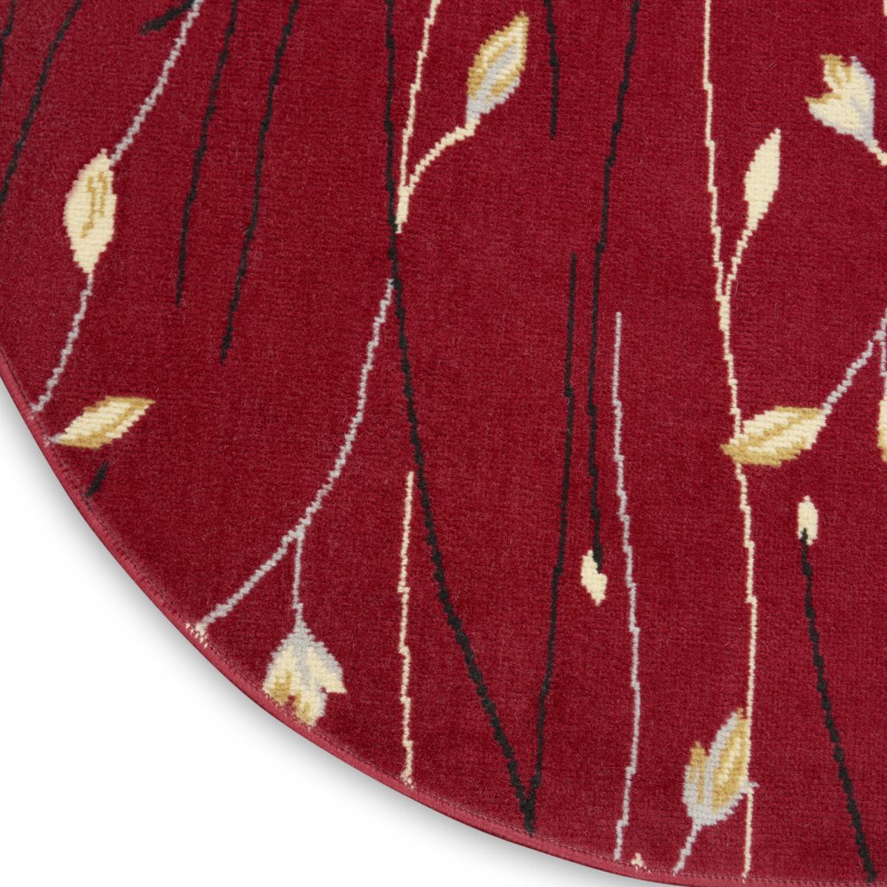 4' Red Black And Ivory Floral Vines Round Rug