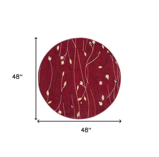 4' Red Black And Ivory Floral Vines Round Rug