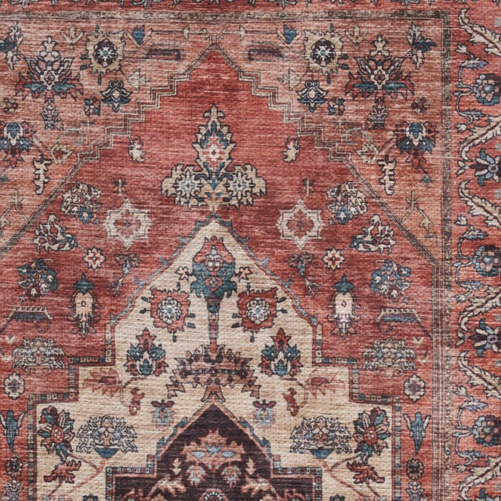 2' X 4' Beige and Red Medallion Power Loom Distressed Washable Non Skid Area Rug